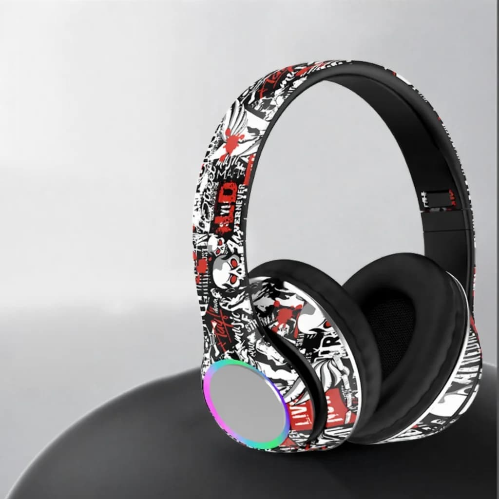 Graffiti antausinės Bluetooth ausinės su LED lemputėmis ir giliu bosu