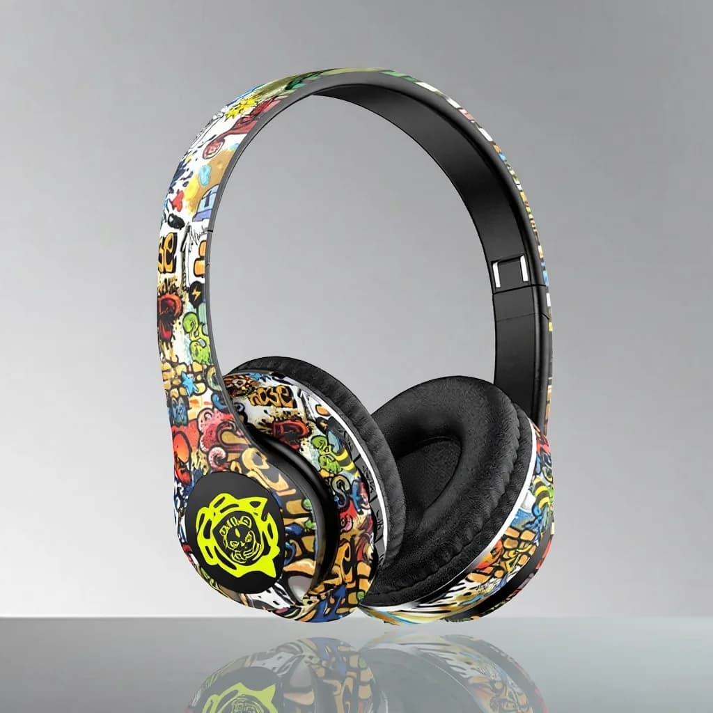 Belaidės Bluetooth ausinės su graffiti dizainu, sulankstomos