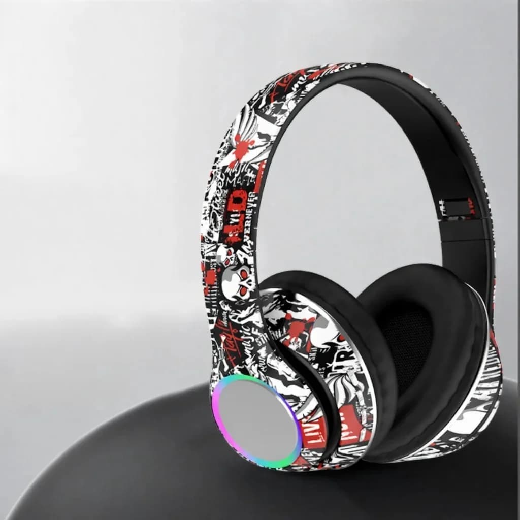 Graffiti antausinės Bluetooth ausinės su LED lemputėmis ir giliu bosu