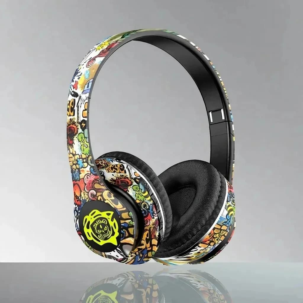 Belaidės Bluetooth ausinės su graffiti dizainu, sulankstomos