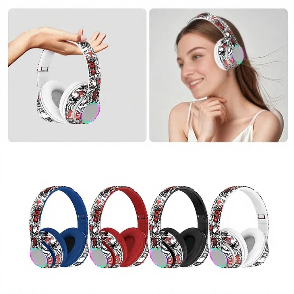 Graffiti antausinės Bluetooth ausinės su LED lemputėmis ir giliu bosu