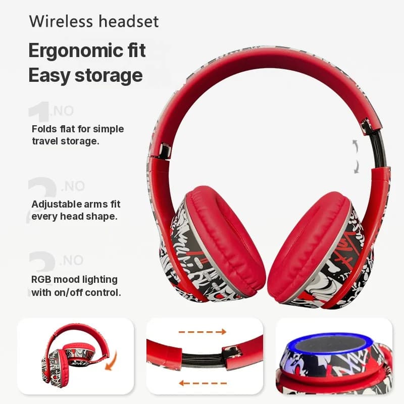 Graffiti antausinės Bluetooth ausinės su LED lemputėmis ir giliu bosu