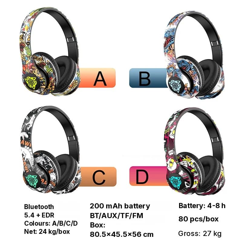 Belaidės Bluetooth ausinės su graffiti dizainu, sulankstomos