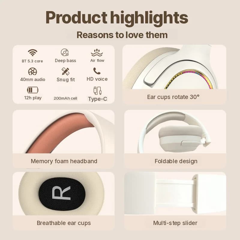 RGB žaidimų ausinės belaidės „Bluetooth“ antausinės stereo ausinės